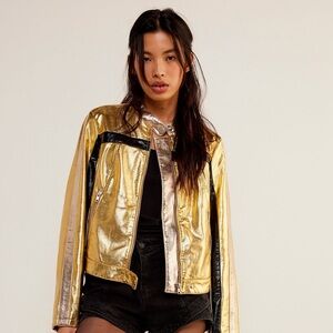 Free People Gold and Black Varsity Jacket